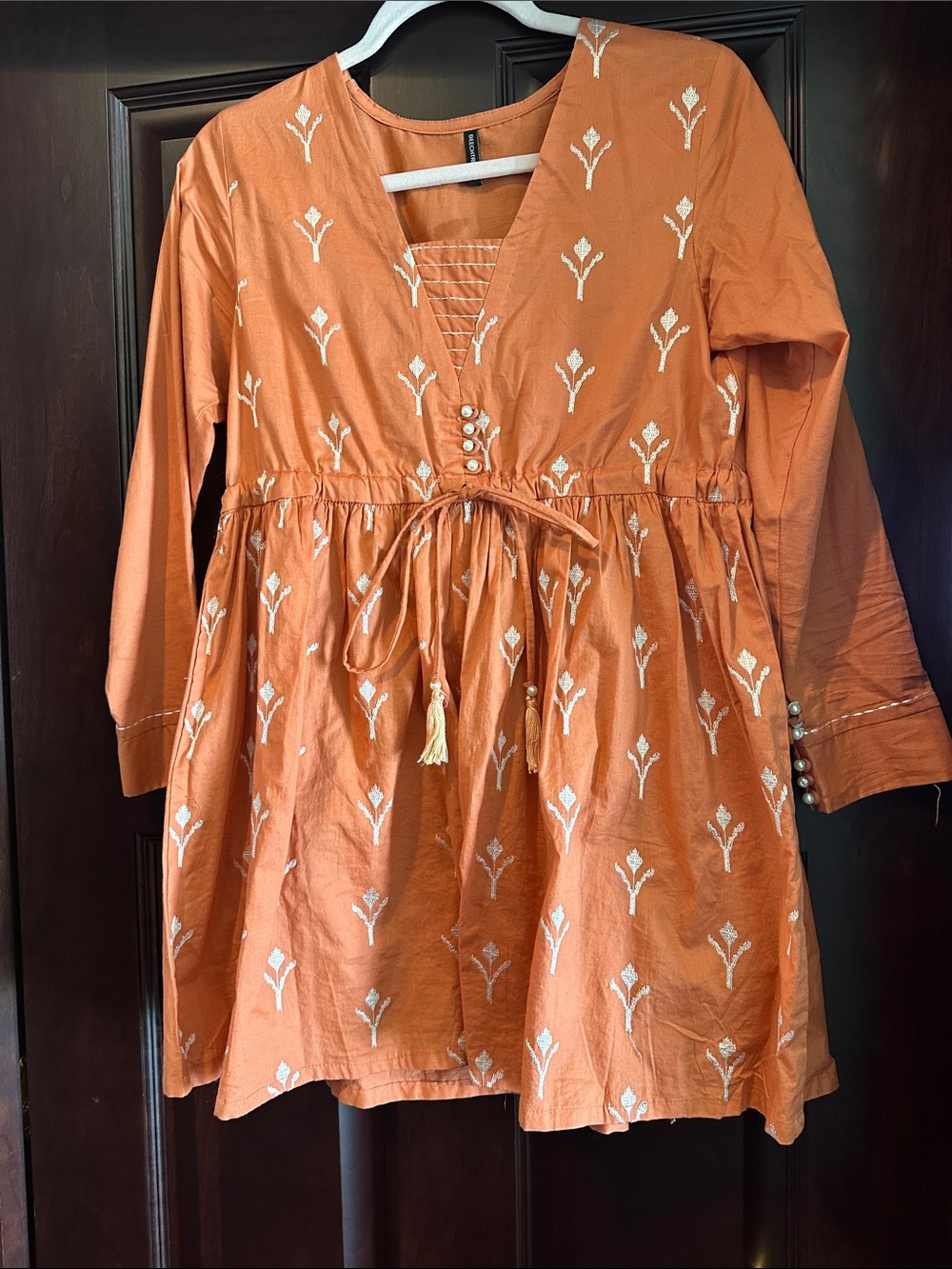 Beechtree Women’s Rust Orange Embroidered Waist-Tie Dress